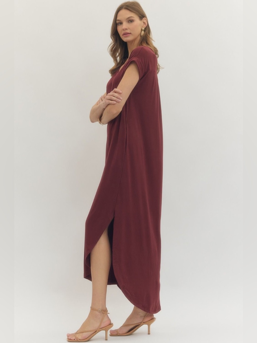 🆕 Entro Solid jersey knit V-neck round hem maxi dress - Picture 3 of 7